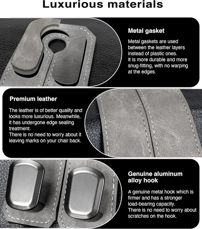VETERBONE Car Purse Holder - Luxurious Leather, 4PCS Headrest Hooks with 100% Metal Hangers for Seat, Multifunctional Car Bag Hooks, Grey - Image 3